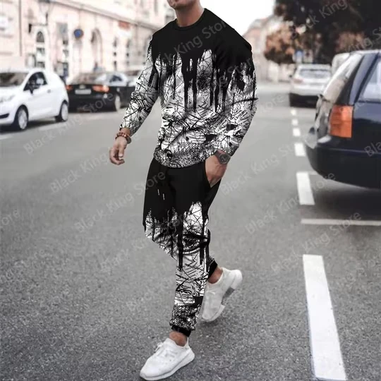 Hot Sale Summer Men Clothing 3d Printed Men Long Sleeve T-Shirt+Pants Two-Piece Set Men Long Sleeve T-Shirt Trousers Outfit