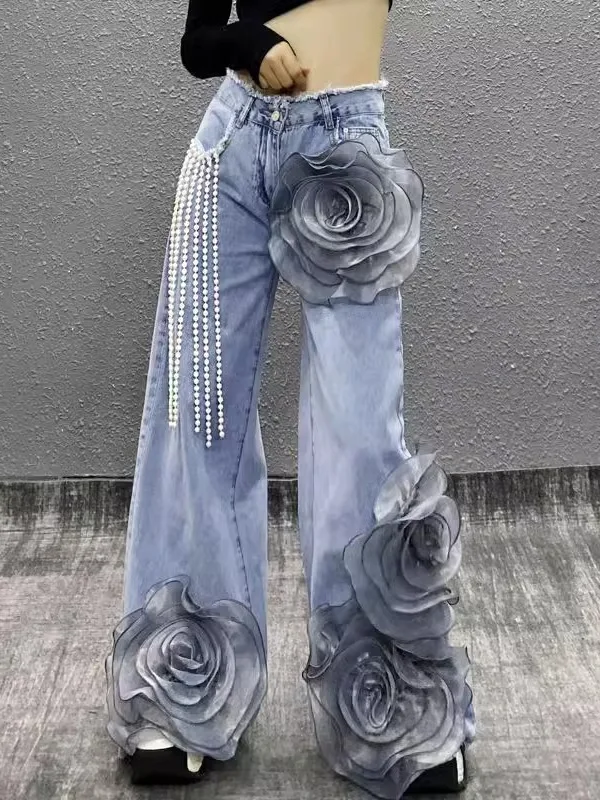

Spring Summer 2025 Trendy Fashionable Street Style Women's Denim Pants Large Flower 3D Design Casual High Waist Wide Leg Jeans
