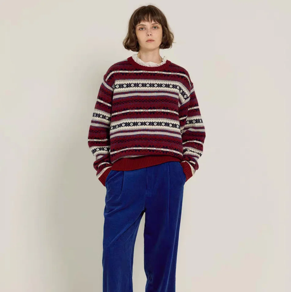 Sienne круглый вязаный свитер Ne с тяжелой вышивкой, свободный повседневный дизайн в полоску, цвет ретро, блузка, осенняя женская одежда для поездок на работу, ...