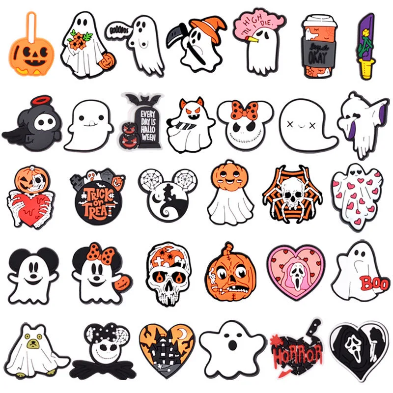 32pcs Halloween Cute Ghost Cartoon Shoe Charms Accessories Shoes Decorations Buckle Fit Wristband Clogs Sandals Kids Gifts