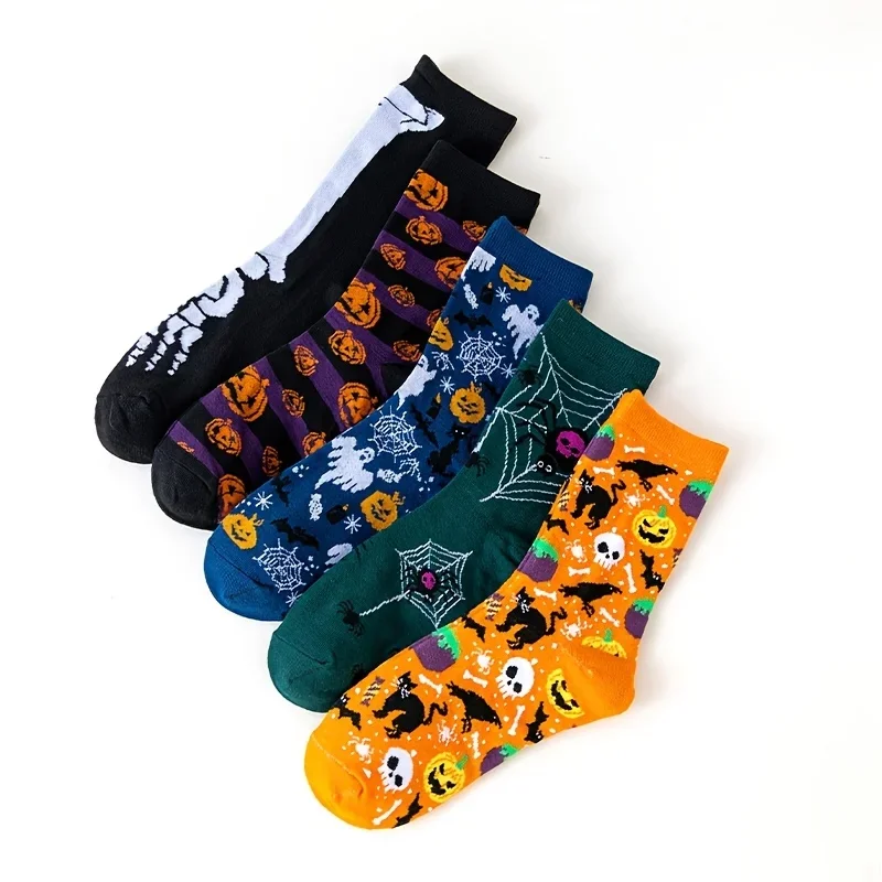 5Pairs Halloween Novelty Socks Men Women Funny Pumpkin Ghost Skeleton Spider Cat Print Mid‑Calf Socks Holiday Party Cosplay Sock view 6