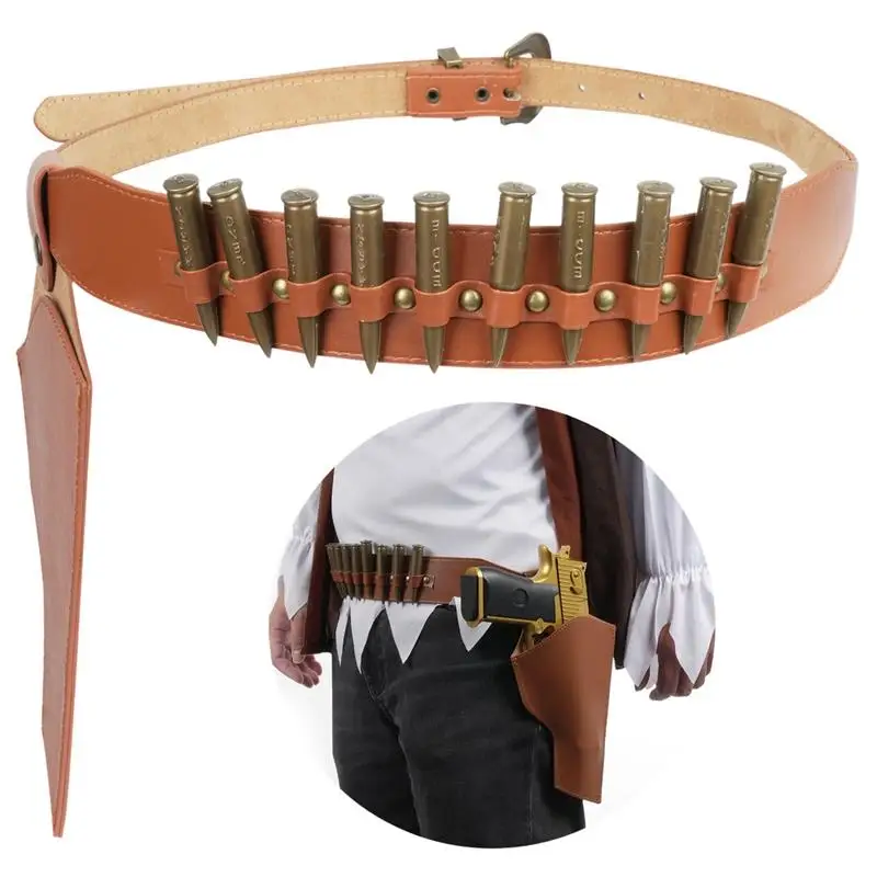 Western Cowboy Belt And Holster PU Leather Cowboy Belt And Right Holster With Toy-Bullets Adjustable Masquerade Western Costume