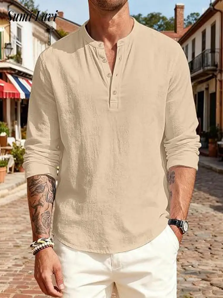 Vintage Henley Collar Long Sleeve Pullover Mens 2026 Spring Outdoor Breathable Shirt Tops Daily Casual Solid Color Polo Shirts