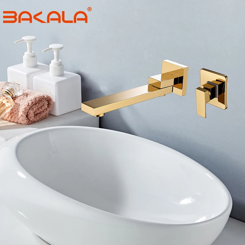 BAKALA Golden Chrome Bathroom Waterfall Basin Mixer Faucet Single Lever Wall Mounted Washing Basin Taps Waterfall Bath Mixer Tap