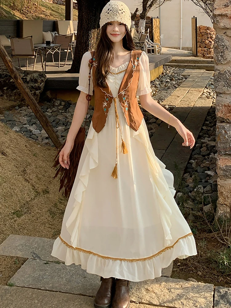

Women Fashion Ruffled Patchwork Embroidery Floral Dress Summer Elegant Chic Fake Two Piece Dress 2026 Korean Bodycon Party Dress
