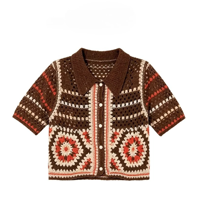 Crochet Cardigan Women Boho Granny Square Knit Button Up Short Sleeve Polo Shirt Blouse Boho Summer Tops Resort Wear