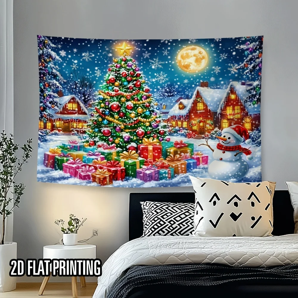 2D Flat Print 1pc Tapestry, Christmas Tree Snowman Village Wall Hanging, Christmas Tapestry, Bedroom Decor, Holiday Accent