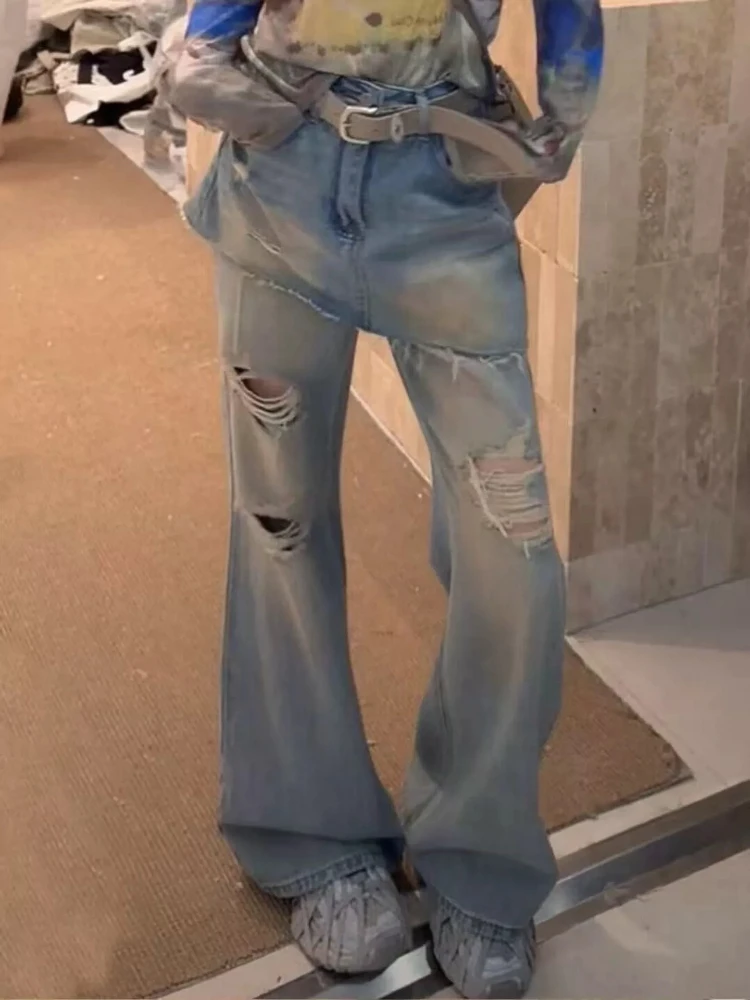 Jeans Vintage Patchwork Ripped Two Piece Womens Autumn New High Waist Skirt Flared Floor Length Casual Baggy Retro Trousers