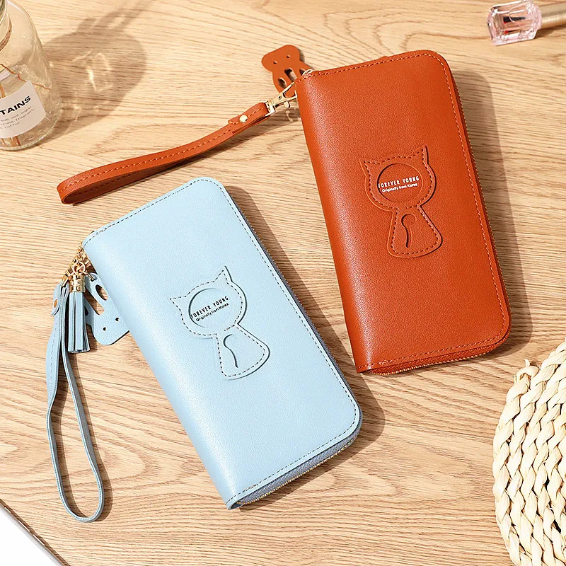 

Women Wallet PU Leather Card Holder Coin Purses Zipper Long Female Wallet Cute Cat Applique Cellphone Bag Lady New Fashion