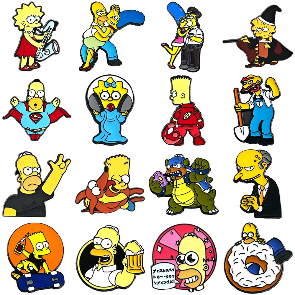 Pins de Lapela Esmaltados Os Simpsons: Homer, Bart, Marge - Broches de Metal com Personagens de Desenho Animado Fofos para Acessórios de Mochila