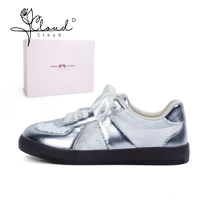 2024 Lace Edge Real Leather Women Casual Sneakers Silver Lace-up Athletic Low Heels Lace-up Breath Tennis Flats Shoes Pumps