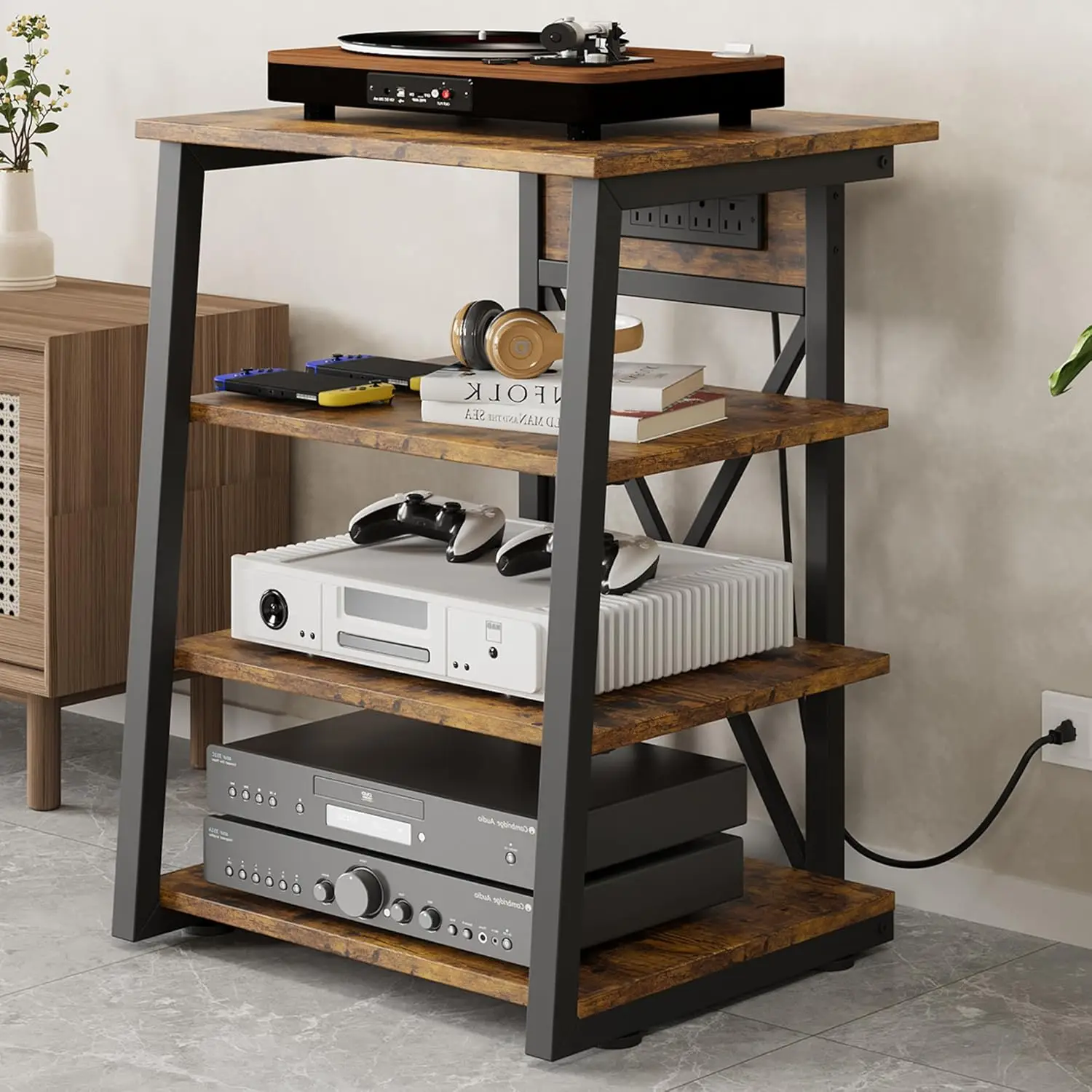 AV Media Stand with Power Outlet 4-Tier Media Console Stereo Stand Adjustable Shelves, Corner Audio Rack Tower for Record Player