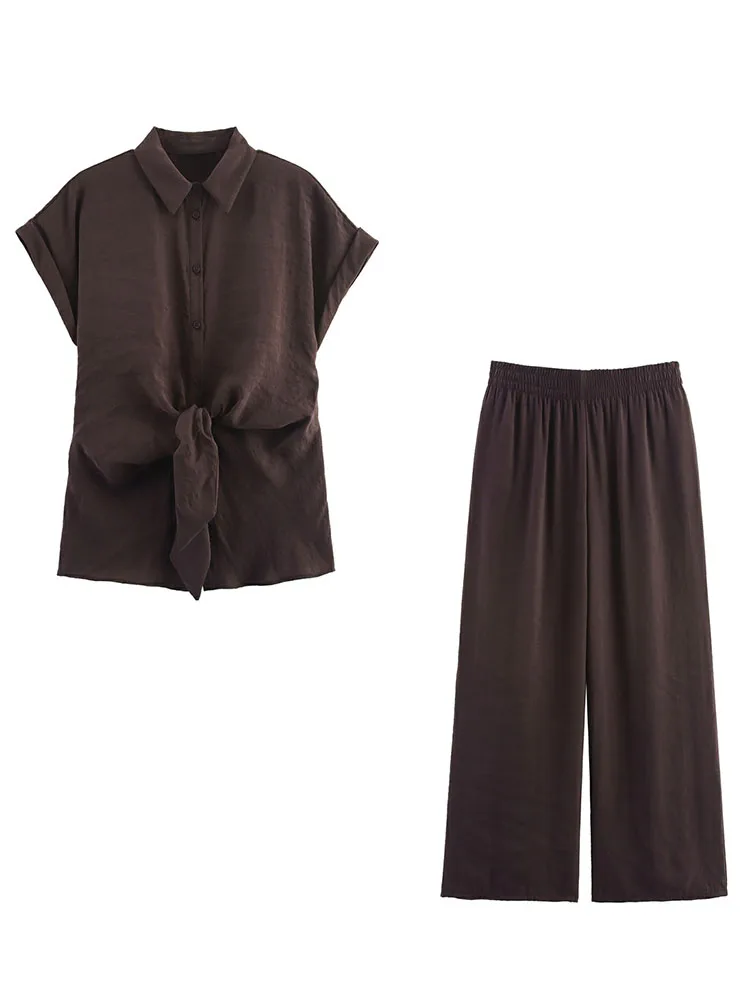 

Женский повседневный женский комплект брюк, винтажная коричневая рубашка с коротким рукавом и эластичной резинкой на талии, летние модные простые женские комплекты