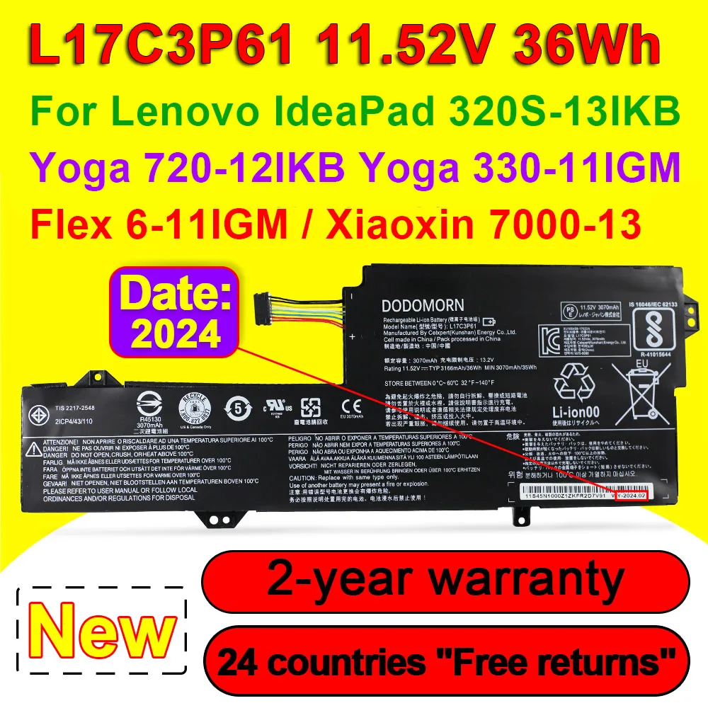 

L17C3P61 Battery For Lenovo IdeaPad 320S-13IKB Yoga 720-12IKB 330-11IGM Flex 6-11IGM Xiaoxin 7000-13 Laptop L17M3P61 L17L3P61