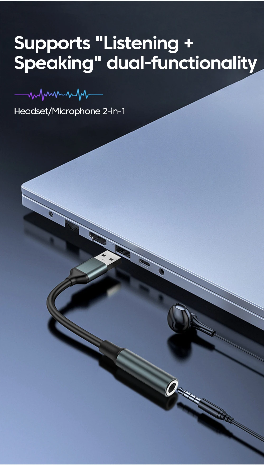 USB auf 3,5 mm Audio-Adapter, externe Soundkarte, USB-Stecker auf 3, 5 Klinke, Aux-Buchse, Headset-Mikrofon, Lautsprecher-Konverter für PC, Laptop, PS5 4 – Detail 3