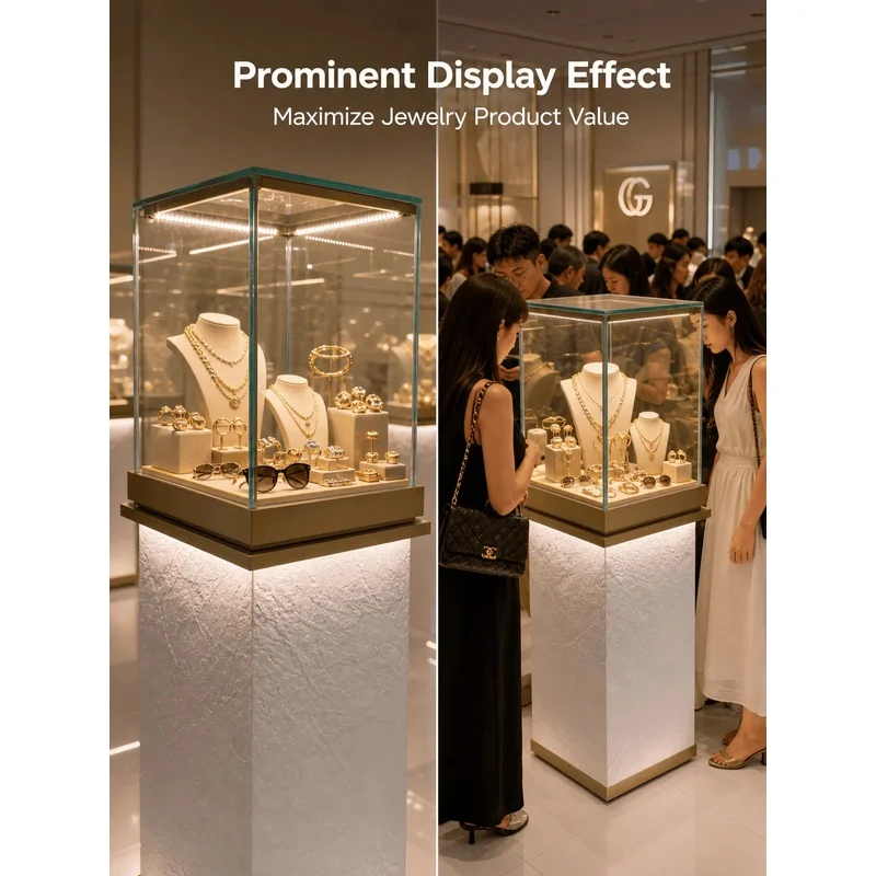 custom.Stainless Steel Tempered Glass LED Lighting Jewelry Showcase Lockable Commercial Cabinet Mirror Back Luxury Retail Displa