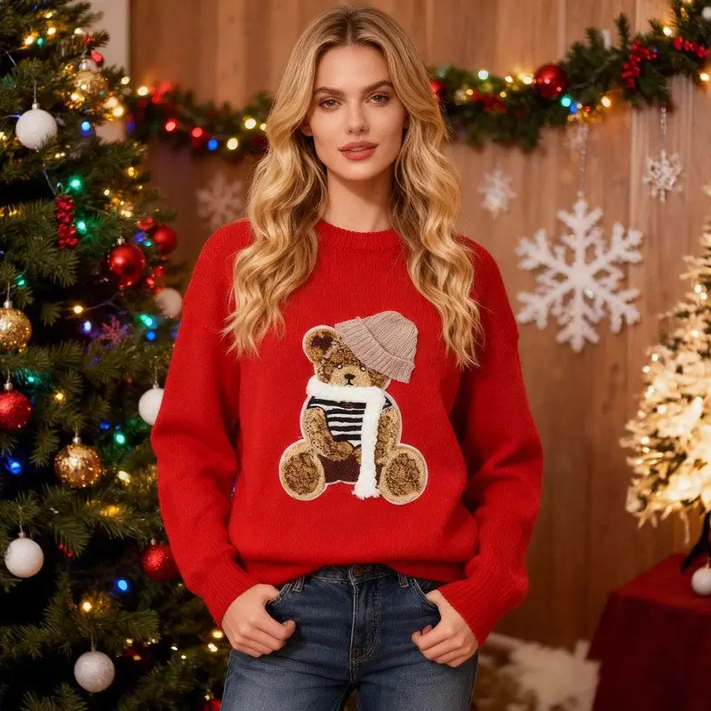 

Cisas Женский вязаный свитер Cisas Cross-Border Long Sve Трикотаж из полиэфирного волокна с мультяшным узором Топ