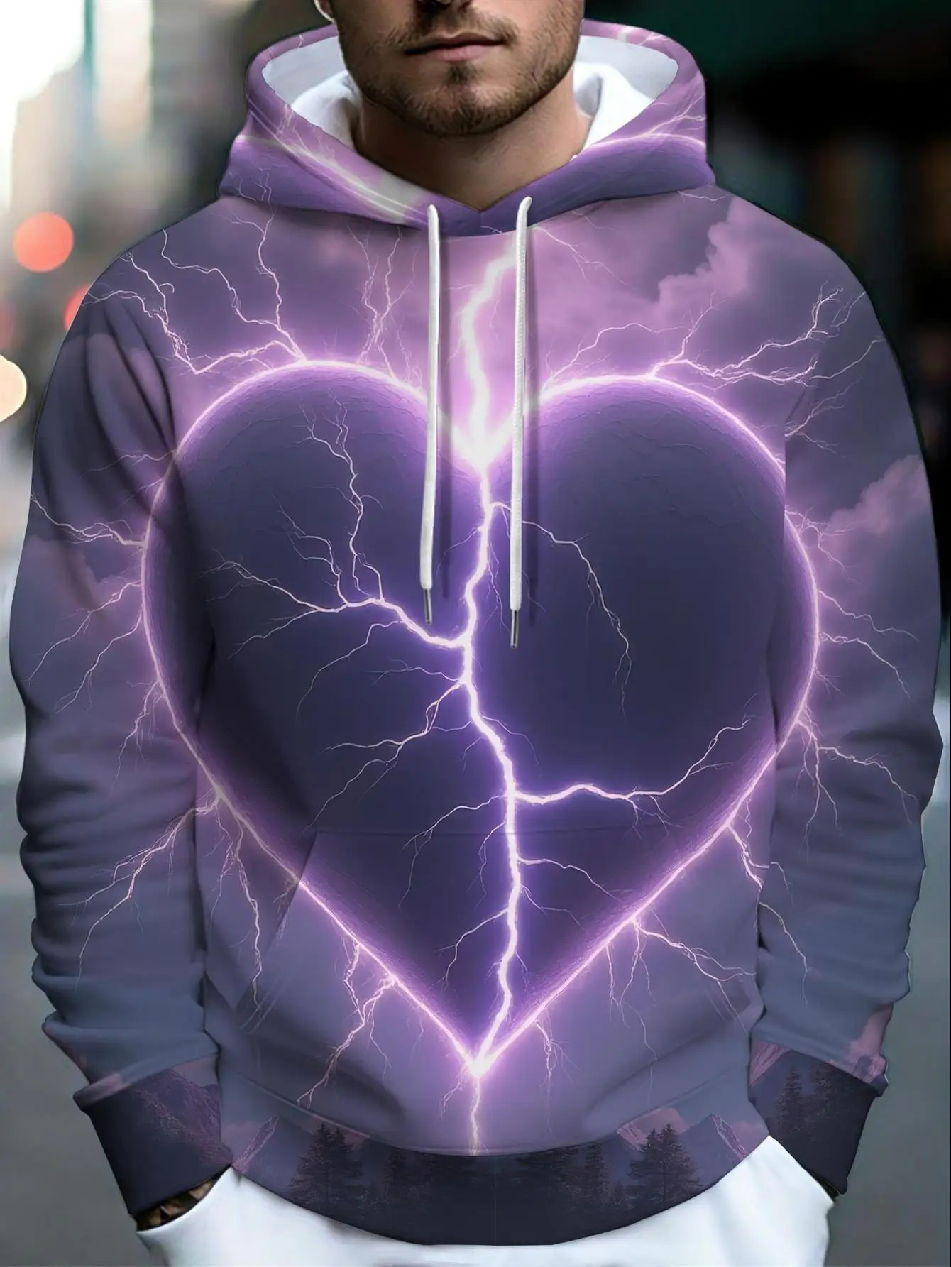 Men All Over 3D Print Hoodie Purple Lightning Broken Heart Cloud Forest Graphic Drawstring Oversized Street Pullover Sweatshirt