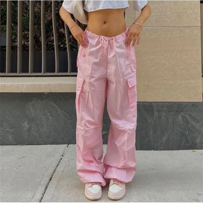 

Свободные повседневные брюки-карго с широкими штанинами для женщин, уличный стиль, низкая талия, из ПВХ-материала, осенняя коллекция, модные рабочие брюки