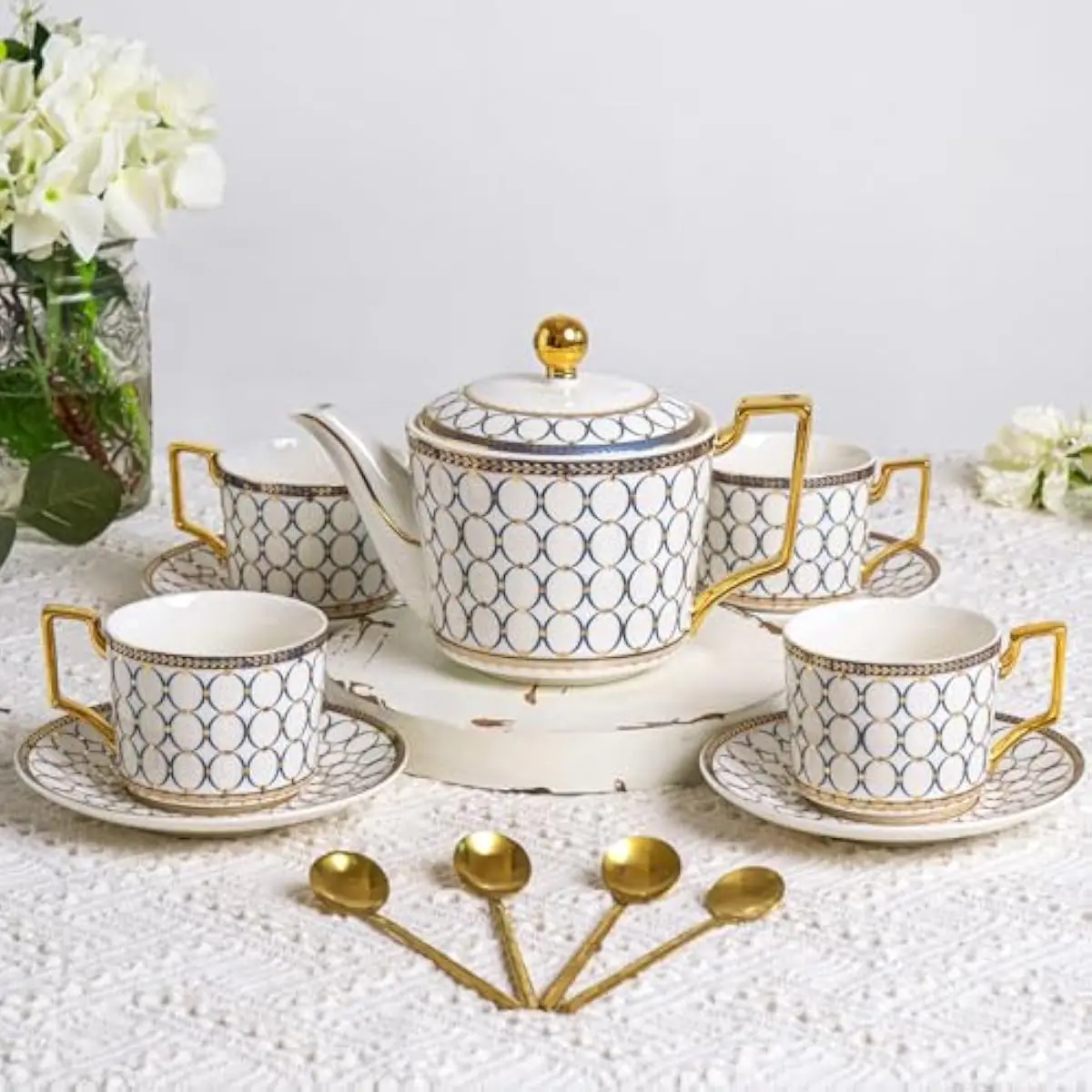 English 7 oz Bone China Tea Service for Four Persons Featuring Translucent lightweight Cups Saucers Teaspoons and 24 oz Teapot