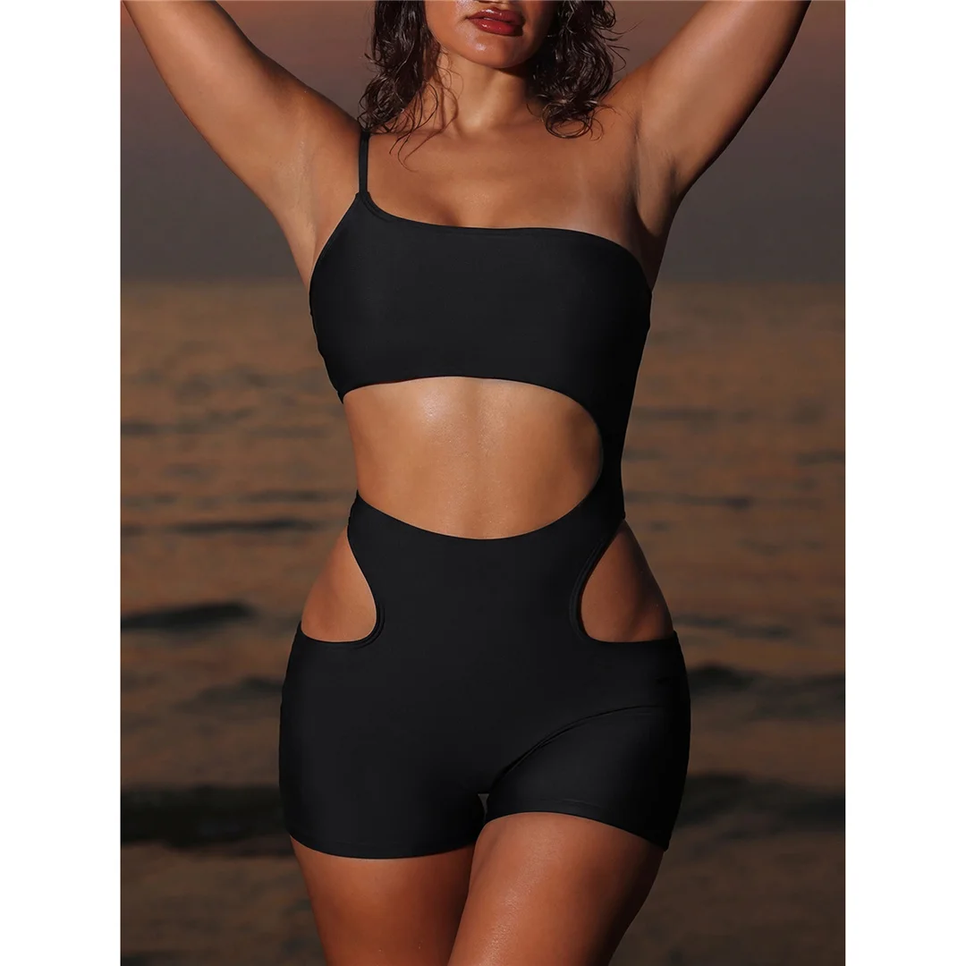 Asymmetrischer One-Shoulder-Badeanzug mit hoher Taille und Shorts, einteiliger Badeanzug für Damen, Badebekleidung mit Ausschnitten und Polsterung, Badeanzug, Modell V8044 – Detail 2