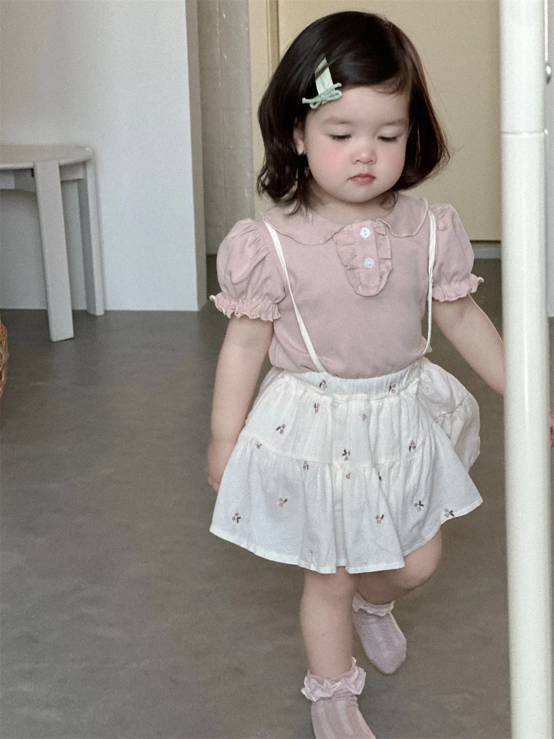 2025 Summer New Baby Short Sleeve T Shirts Solid Infant Girl Sweet Lapel Princess Tee Cotton Toddler Versatile Tops Baby Clothes