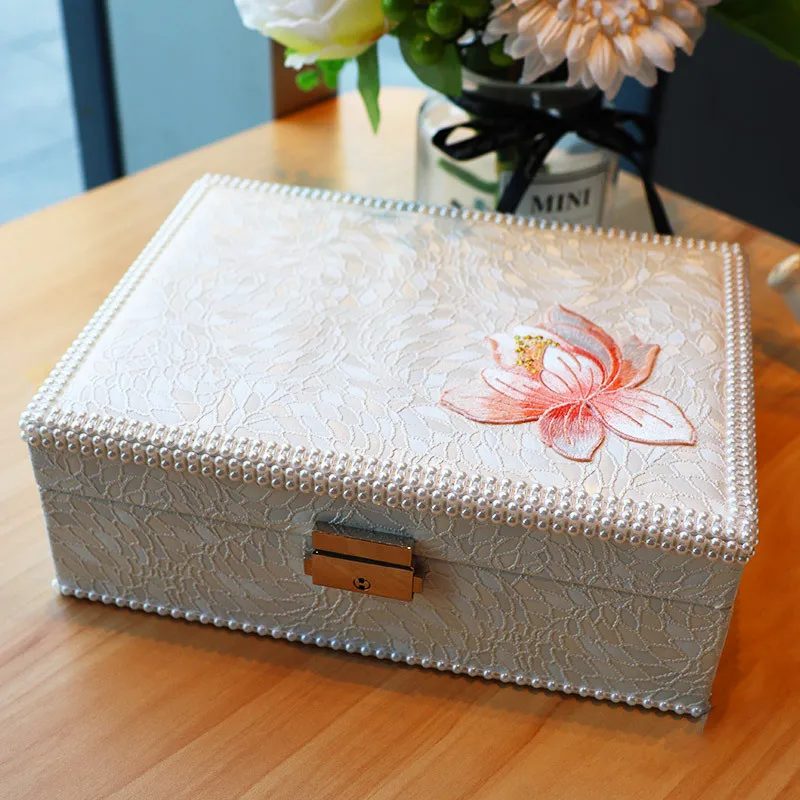 YFY Jewelry Box Embroidered Lotus Double Layer Jewelry Storage Box Jewelry Box Wedding Gift Mirror