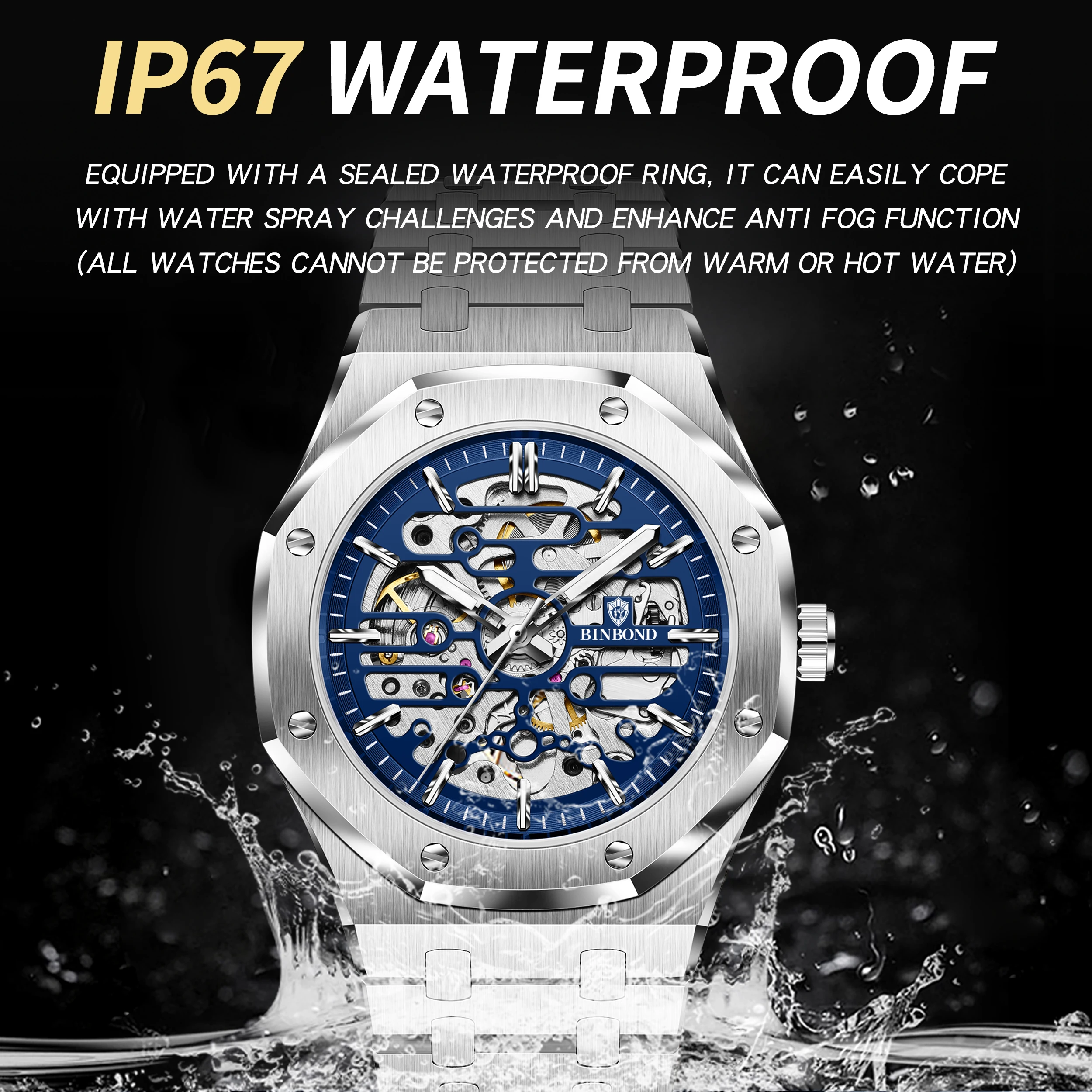 BINBOND, reloj deportivo de lujo a la moda para hombre, luz nocturna, reloj mecánico automático resistente al agua