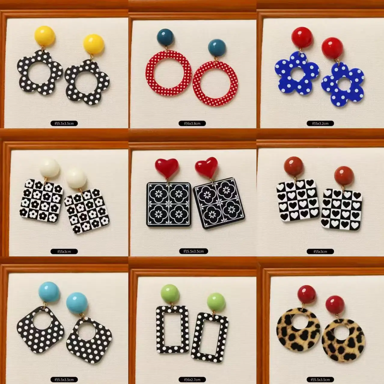 American Retro Polka Dot Pattern Stud Earrings Geometric Shaped 925 Silver Needle Acrylic Fashion Daily Jewelry Creative Gifts