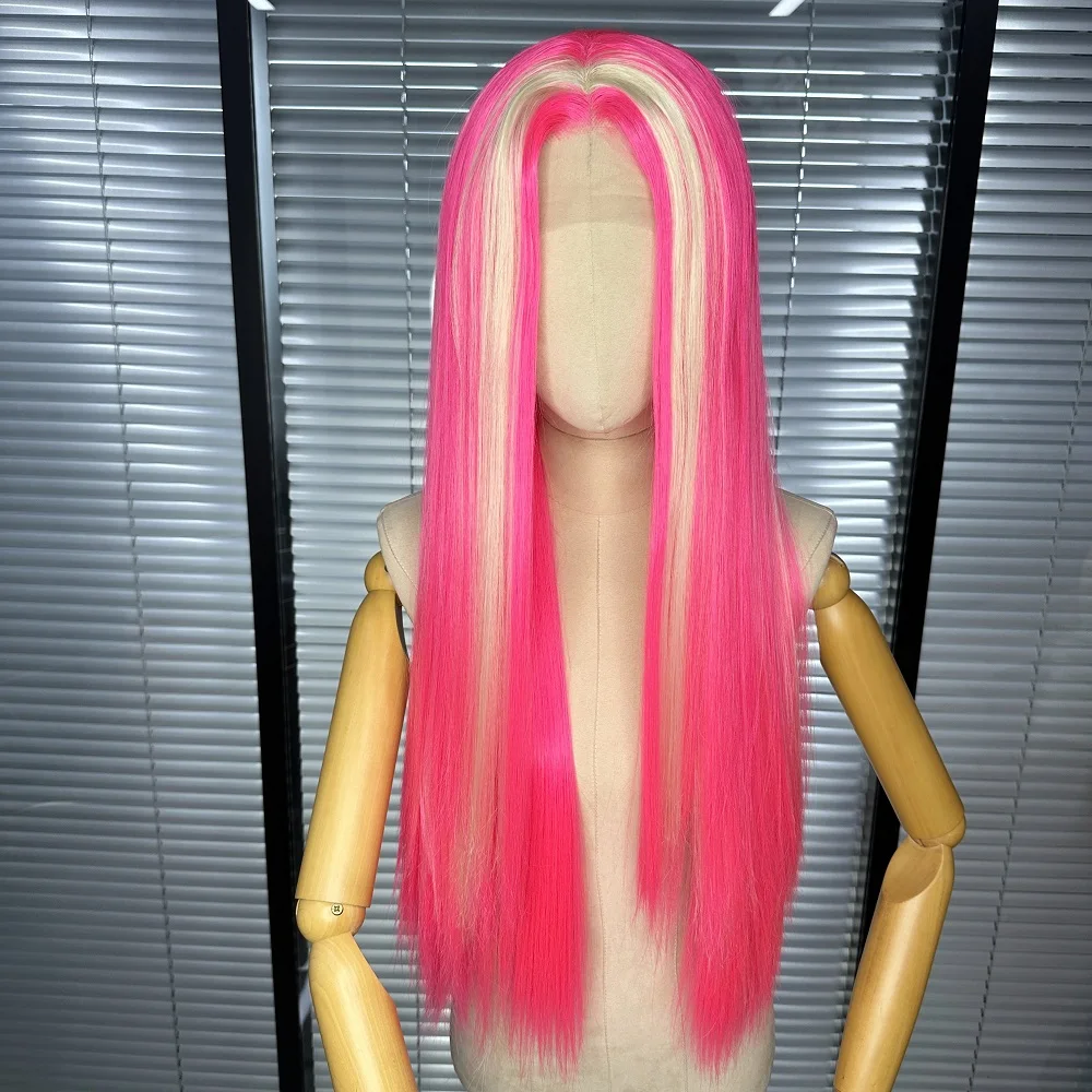 

Highlight Pink Synthetic 13x4 Lace Front Glueless Straight Wig Drag Queen Heat Resistant Pre Plucked Cosplay Women's Wigs 180%