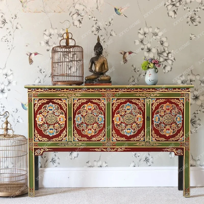 MY Chinese foyer entrance cabinet hand-painted Xizang cabinet log locker entrance table solid wood table painted retro furniture