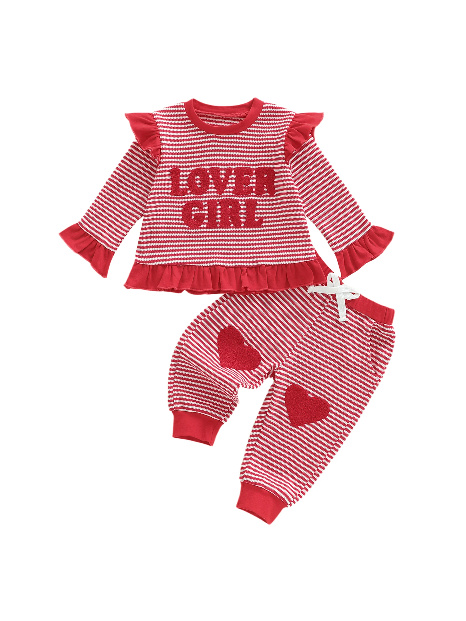 طقم ملابس للفتيات لعيد الحب بأكمام طويلة ورقبة دائرية مع حروف مطرزة وسروال برباط مخطط #4