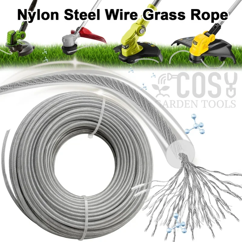 15M 2.0～4.0mm Steel Core Trimmer Line Grass Cutting Rope Heavy Duty Weed Wacker String with Wire Steel For Lawn Mowing