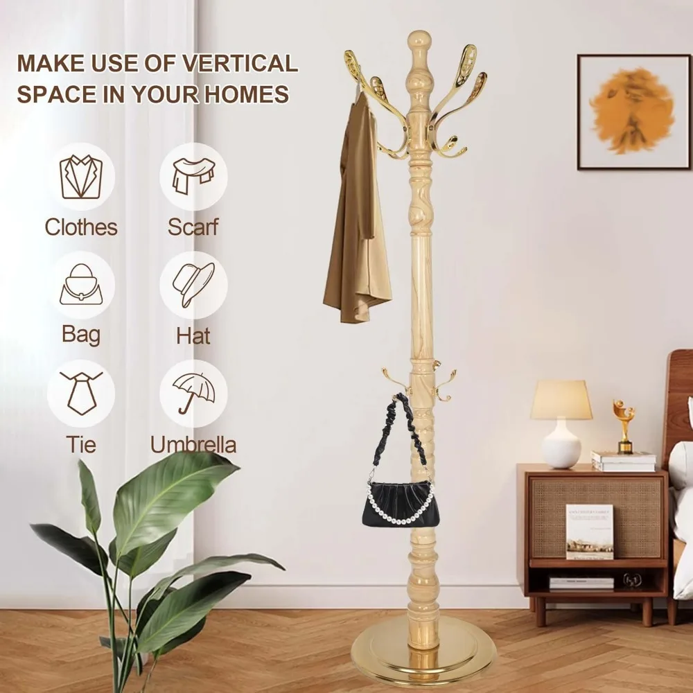 حامل معطف من الخشب الصلب على الطراز العتيق مع 14 خطافًا، قاعدة معدنية شديدة التحمل قائمة بذاتها، ارتفاع قابل للتعديل لمعاطف التعليق #4