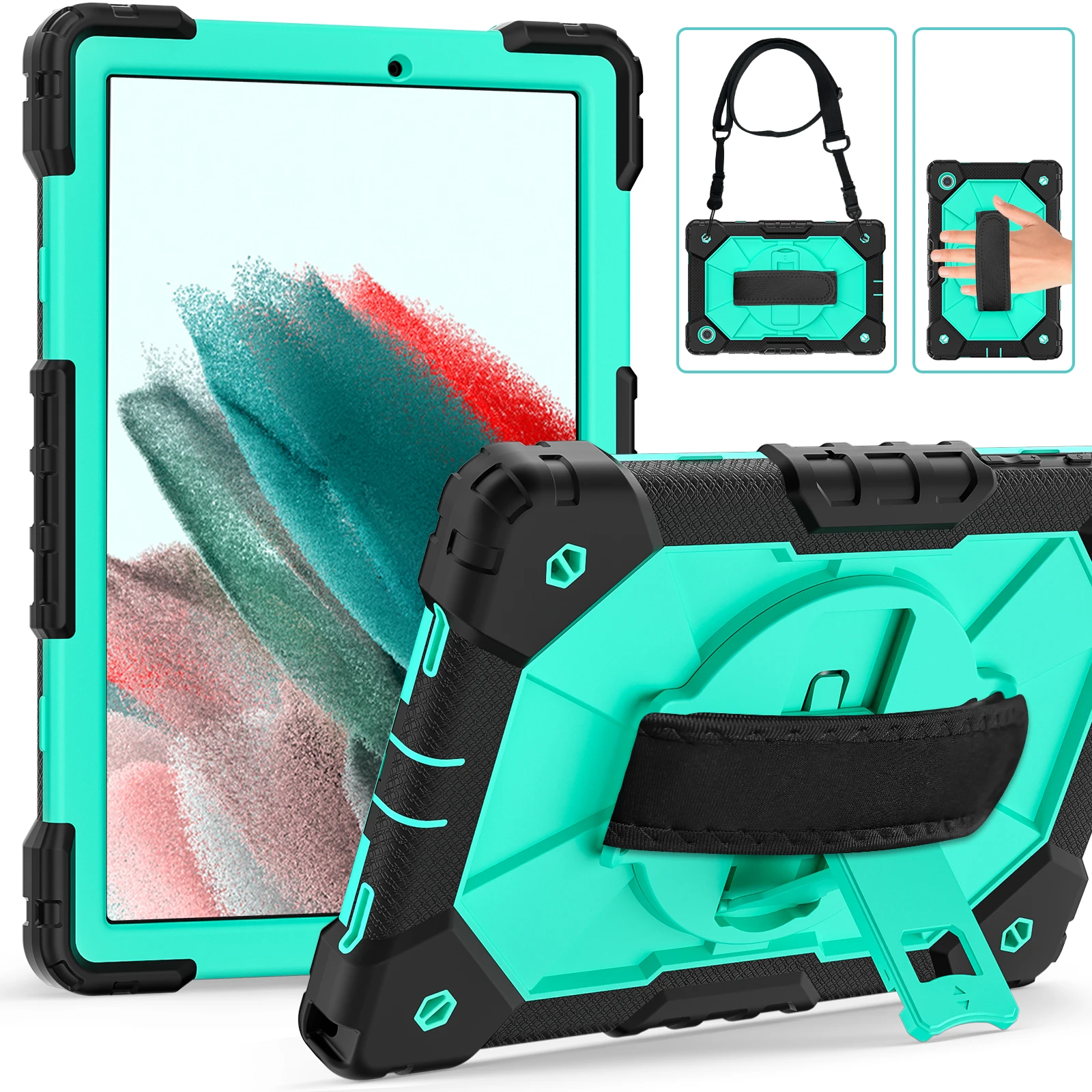 

Armor Stand Case For Samsung Galaxy Tab A8 10.5 2021 2022 SM-X200 X205 X207 Heavy Duty 360 Rotating Cover With Hand Neck Strap