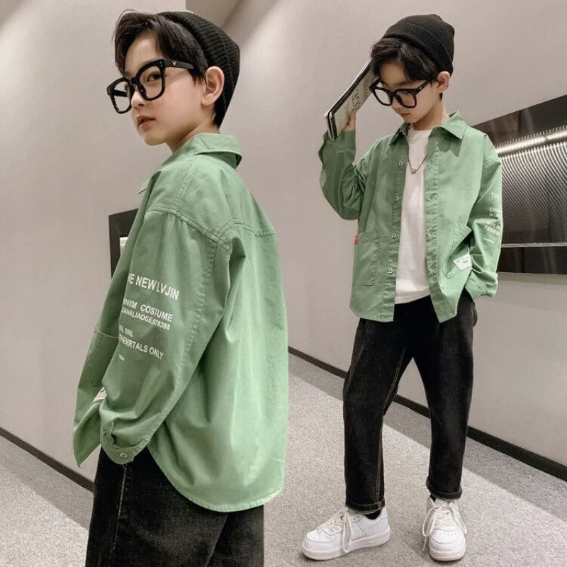 W magazynie chłopięce koszule, topy, kurtki, nowości 2025, duże rozmiary z długimi rękawami, wiosenne ubrania dla dzieci na świeżym powietrzu 5-14T