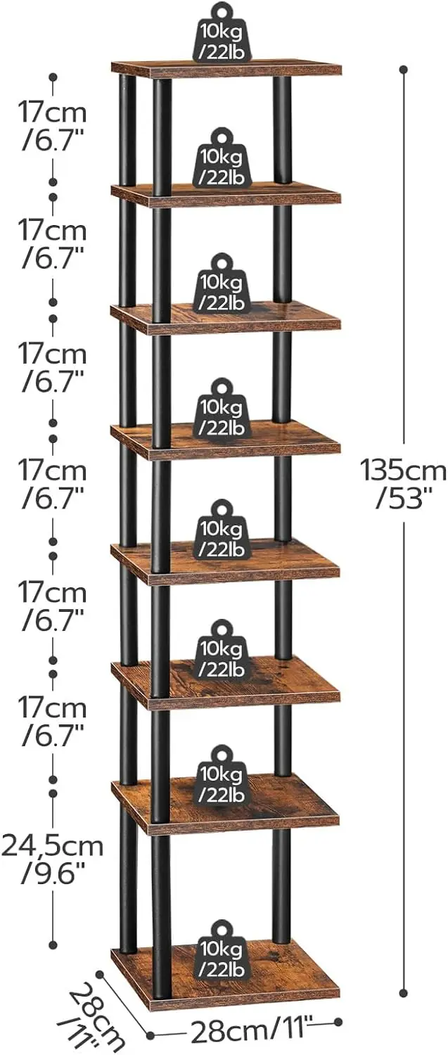 8-Tier Vertical Narrow Shoe Rack Organizer for Small Spaces, Rustic Brown and Black, Closet Entryway Hallway Bedroom