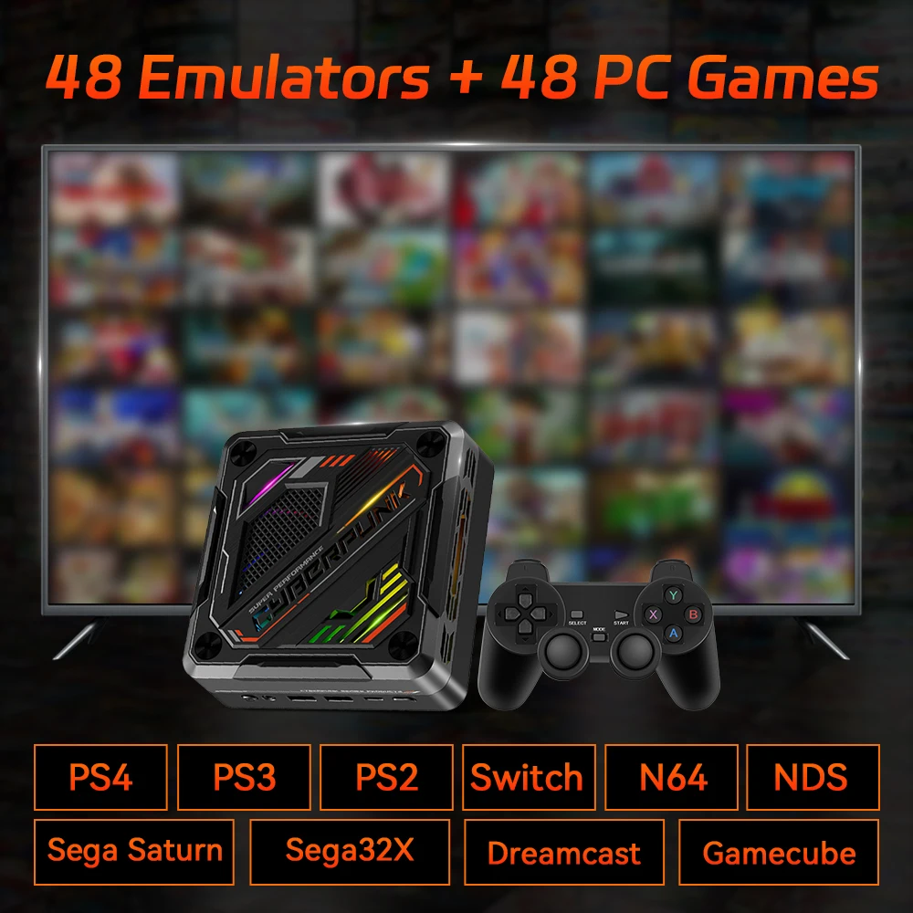 صندوق كمبيوتر ألعاب Cyberbox مع 38000+ لألعاب PS4/PS3/PS2/Switch/Saturn/N64/ التوصيل والتشغيل للتلفزيون WIN&Playnite & Retrobat Ryzen7 7840HS