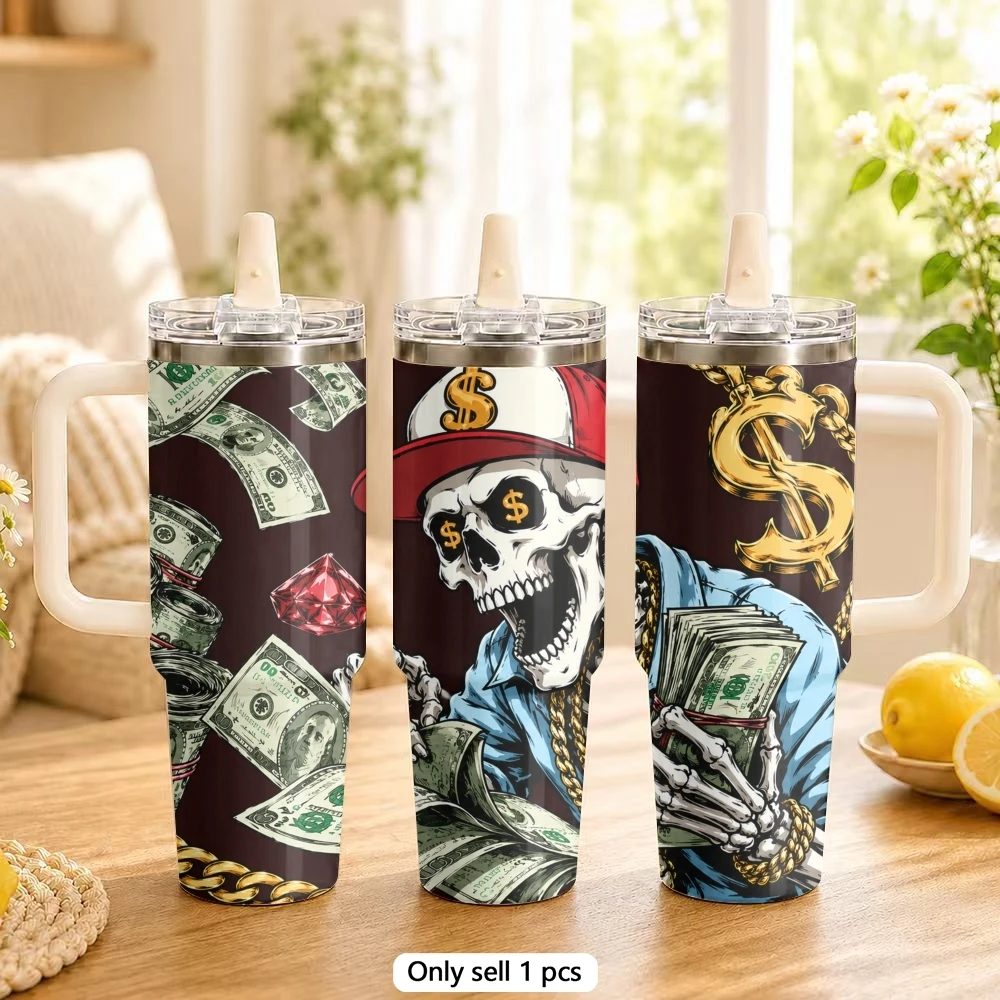Skeletons and Money Vacuum Flasks 40oz Stainless Steel Tumbler with Handle Straw Lid Vacuum Insulated Double Wall Leak Proof
