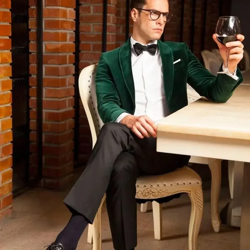 

2 PieceHandsome Green Velvet Wedding Tuxedo Men Suit Shawl Lapel Slim Fit One Button Groom Wear Formal Party Suit(Jacket+Pants)