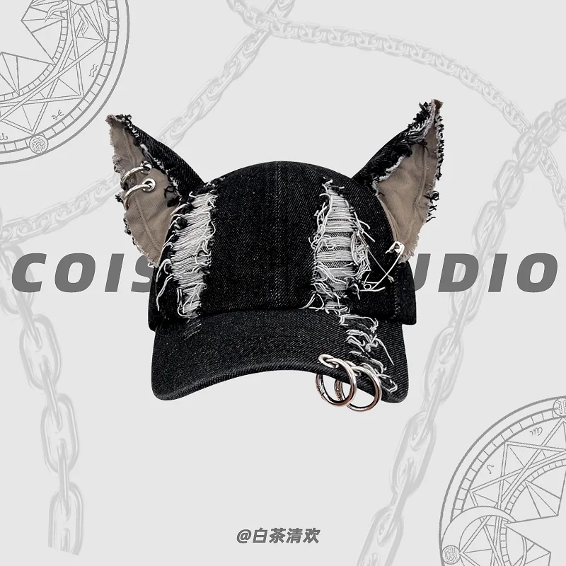 Korean Y2k Dark Rabbit Ears Denim Hole Chain Baseball Hat  display picture 3