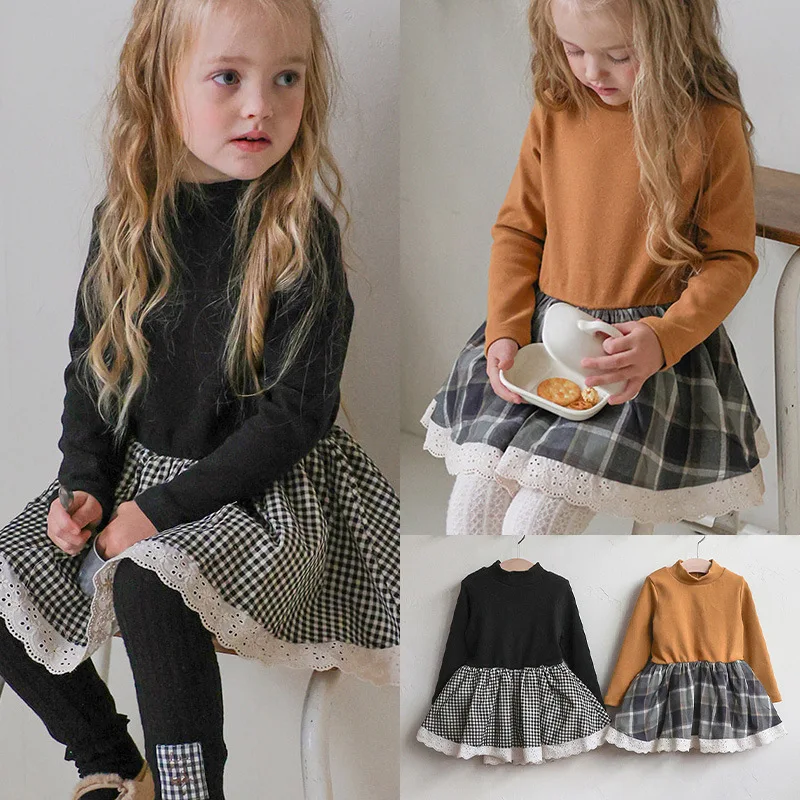 

Kids Baby Girls Dress New Winter Plaid Thicken Warm Patchwork Toddler Girls Dress Turtleneck Little Girls Knee Length Dress