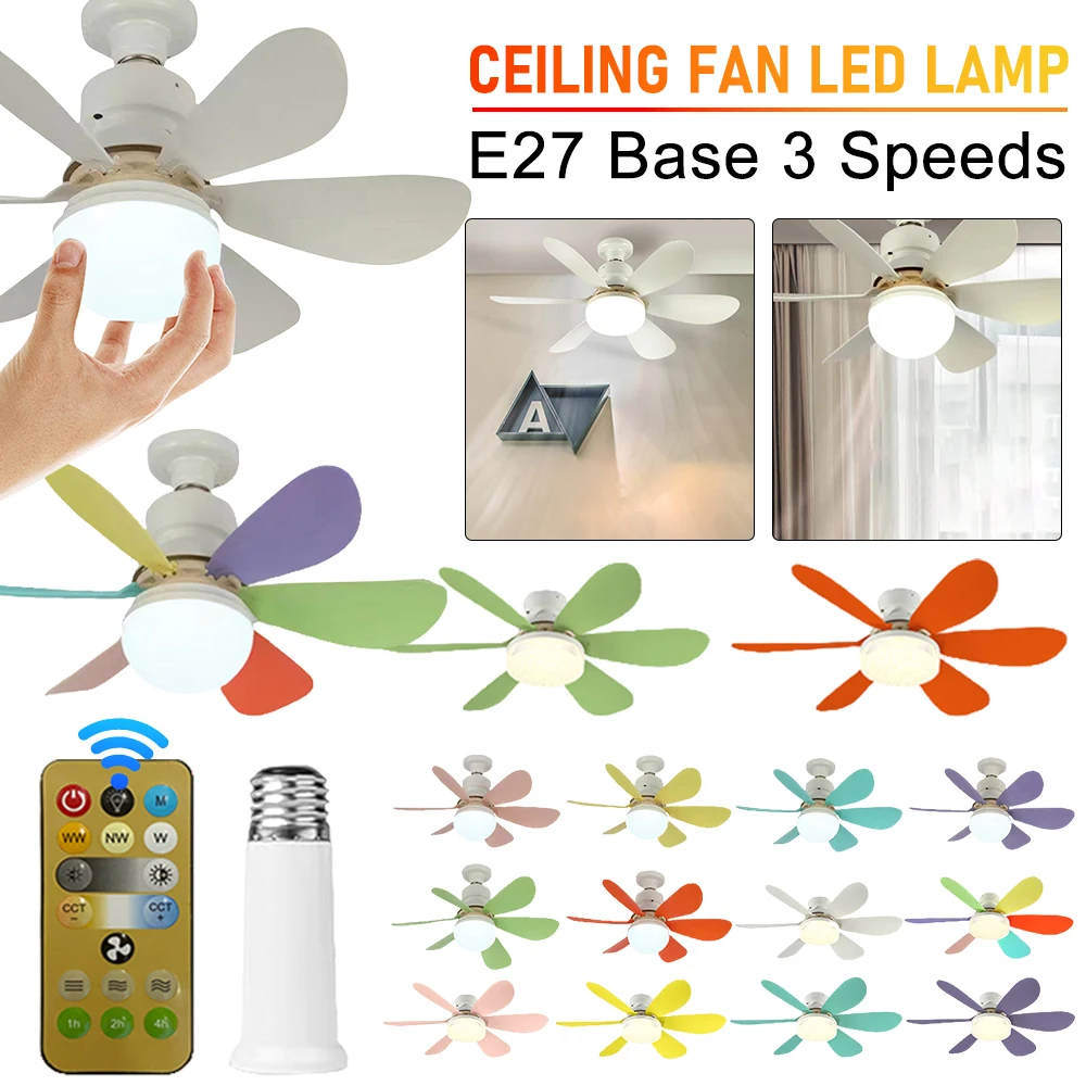 Ceiling Fan LED Lamp E27 Base Remote Control LED Bulb Ceiling Fan 3 Speeds Indoor Ceiling Fan Light Dimmable for Bedroom Kitchen