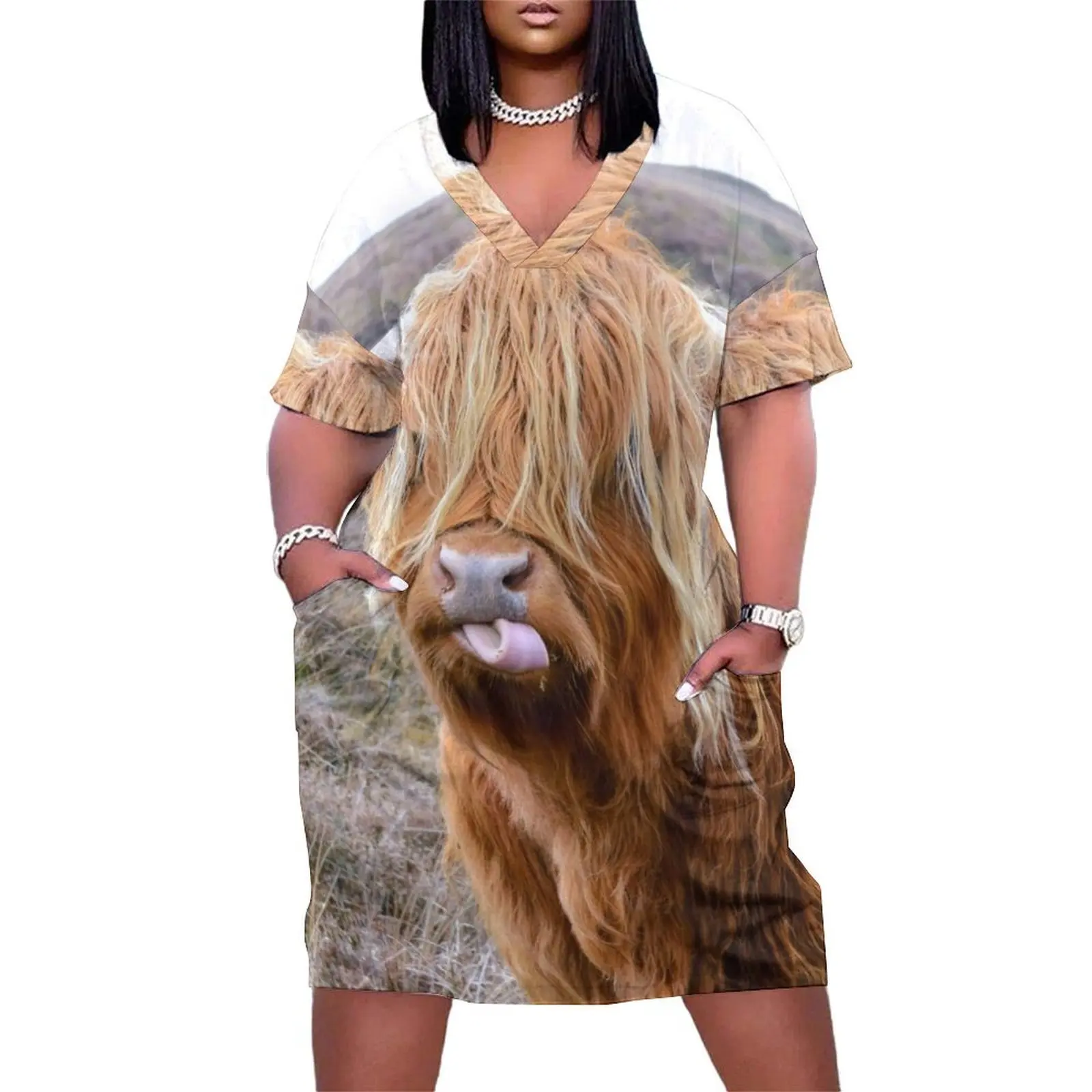

Funny Shaggy Highland Cow Loose Pocket Dress evening dress woman Evening gown dress korean style dresses