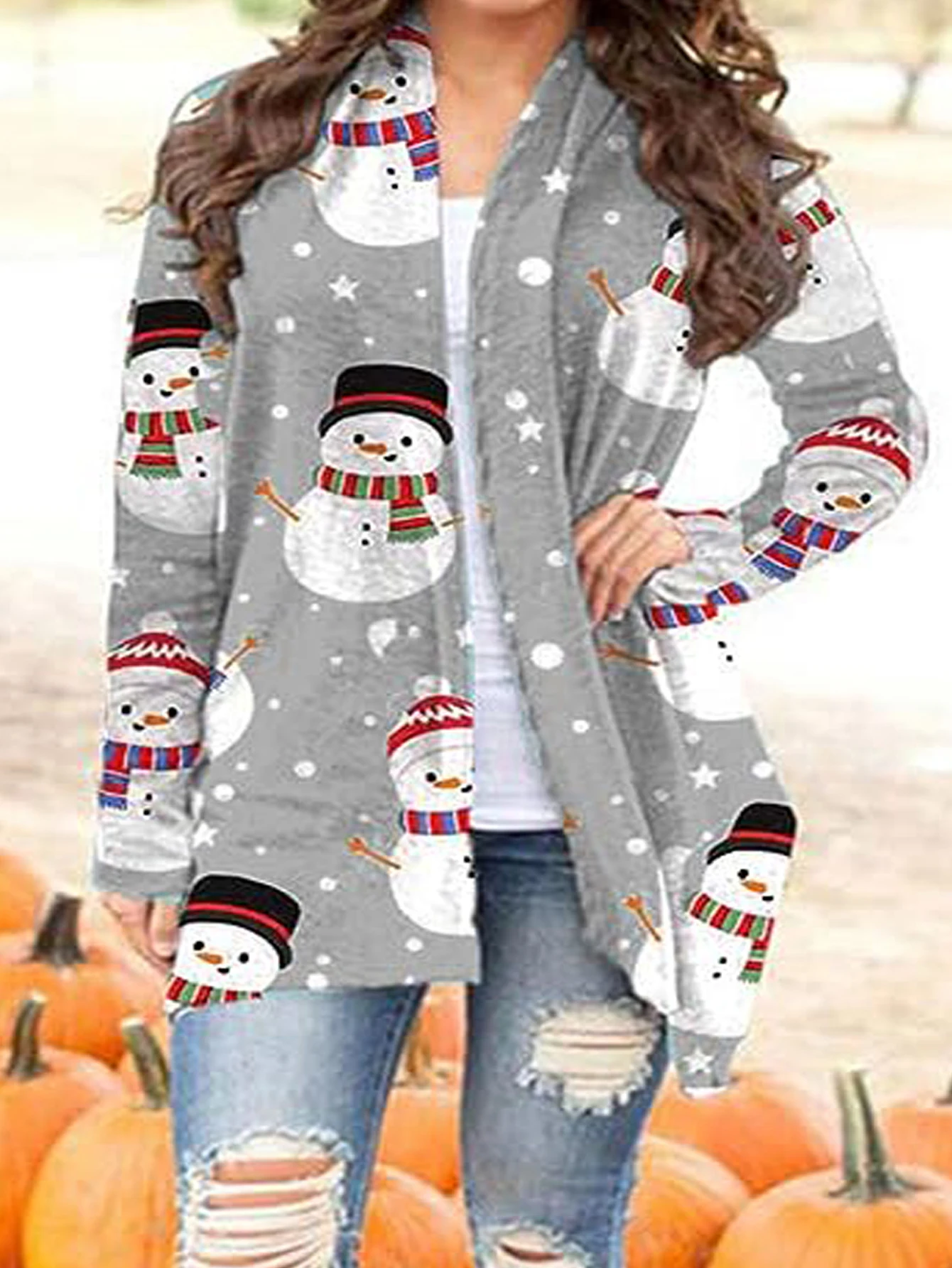 เสื้อคลุมคาร์ดิแกนแขนยาวพิมพ์ลายคริสต์มาสใหม่สำหรับผู้หญิงไซส์ใหญ่สไตล์ยุโรปและอเมริกาสำหรับฤดูใบไม้ร่วงและฤดูหนาว