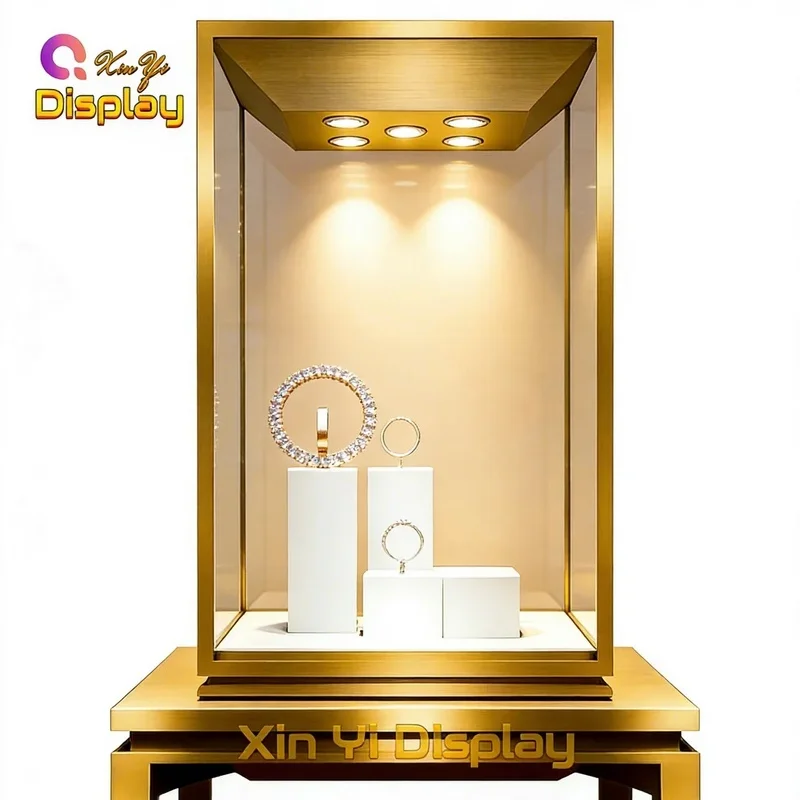 custom.Custom LED Lit Eco-Friendly Heavy Duty Metal Stainless Steel Glass Rectangular Display Cabinet Jewelry Sho