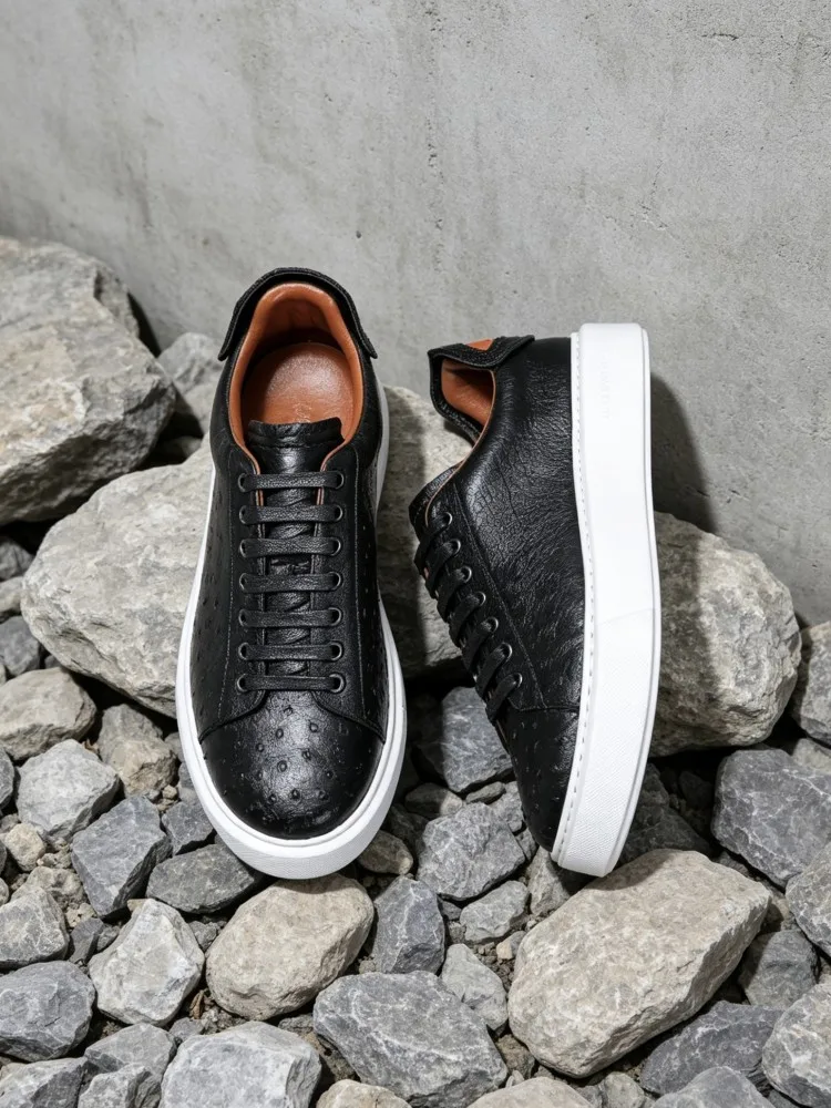 Fashion Mens Black Ostrich Leather Sneakers Lace Up Real Leather Casual Shoes Top-Quality Thick Platform Wear-resistant Footwear