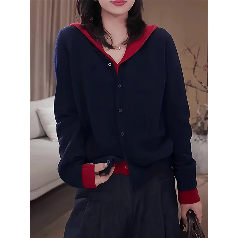 Modny, dzianinowy, długi kardigan z kapturem, damski, luźny krój, casualowy, z efektem łączenia materiałów, imitacja dwuczęściowego stroju, elegancki, jesienny nowy...