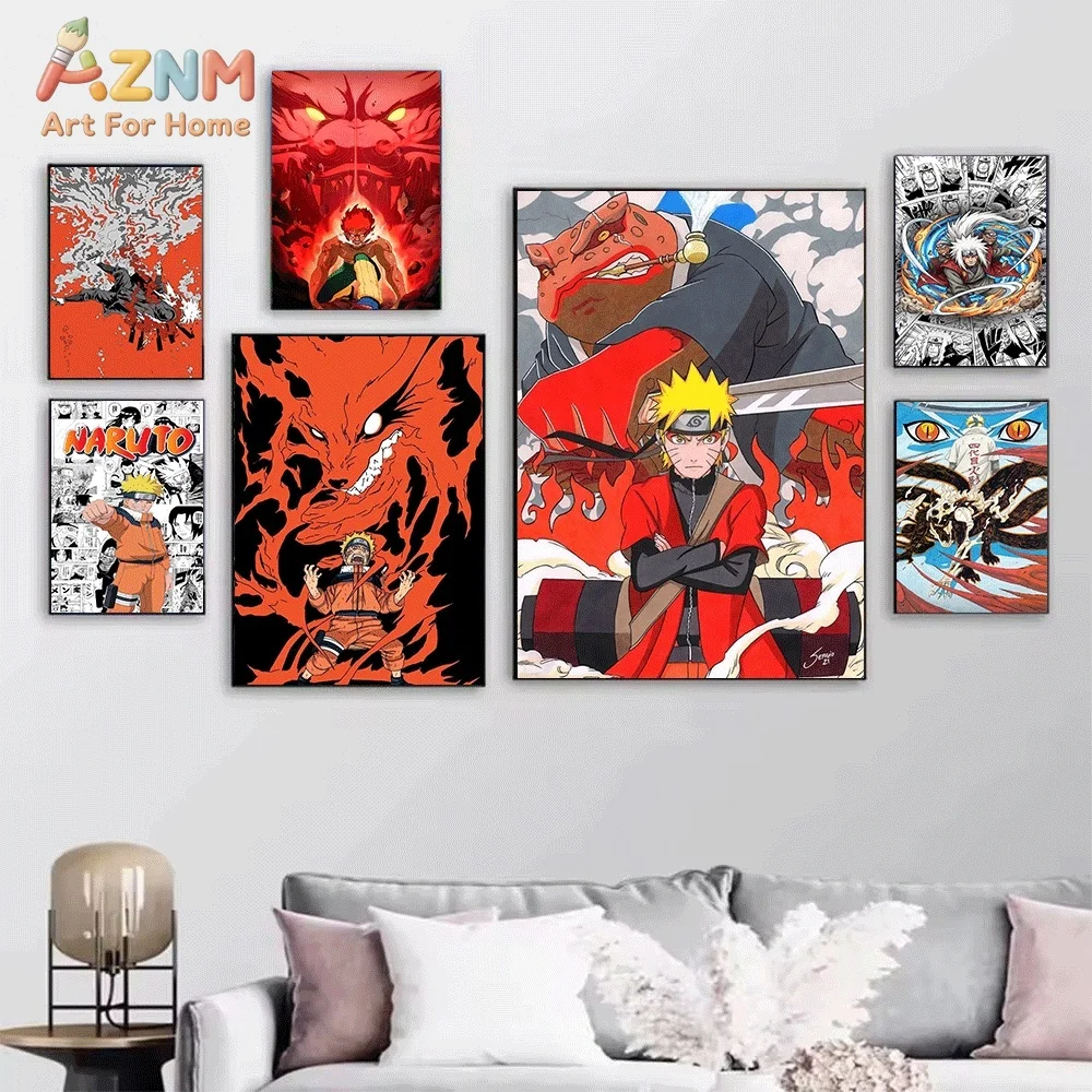AZNM Naruto Uzumaki Six Paths Mode Nine‑Tailed Fox Canvas Wall Print, Japanese Anime Manga Comic Background Character Graphic