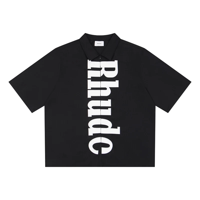 Black Lapel Half-Zip RHUDE Short Sleeve Shirt Heavy Duty Vertical 3D Fabric Patches Oversized Men Women Shirt